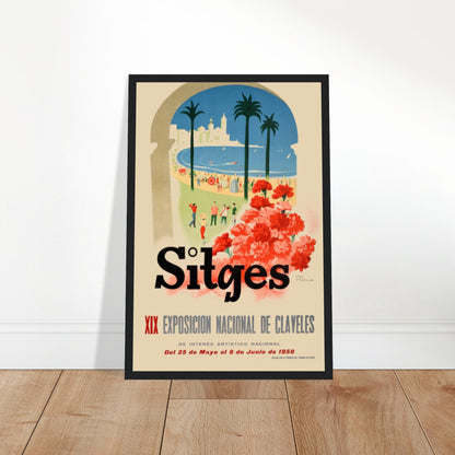 Vintage Sitges Spain travel poster from 1958 featuring Mediterranean beach view, red carnations, and mid-century design style.