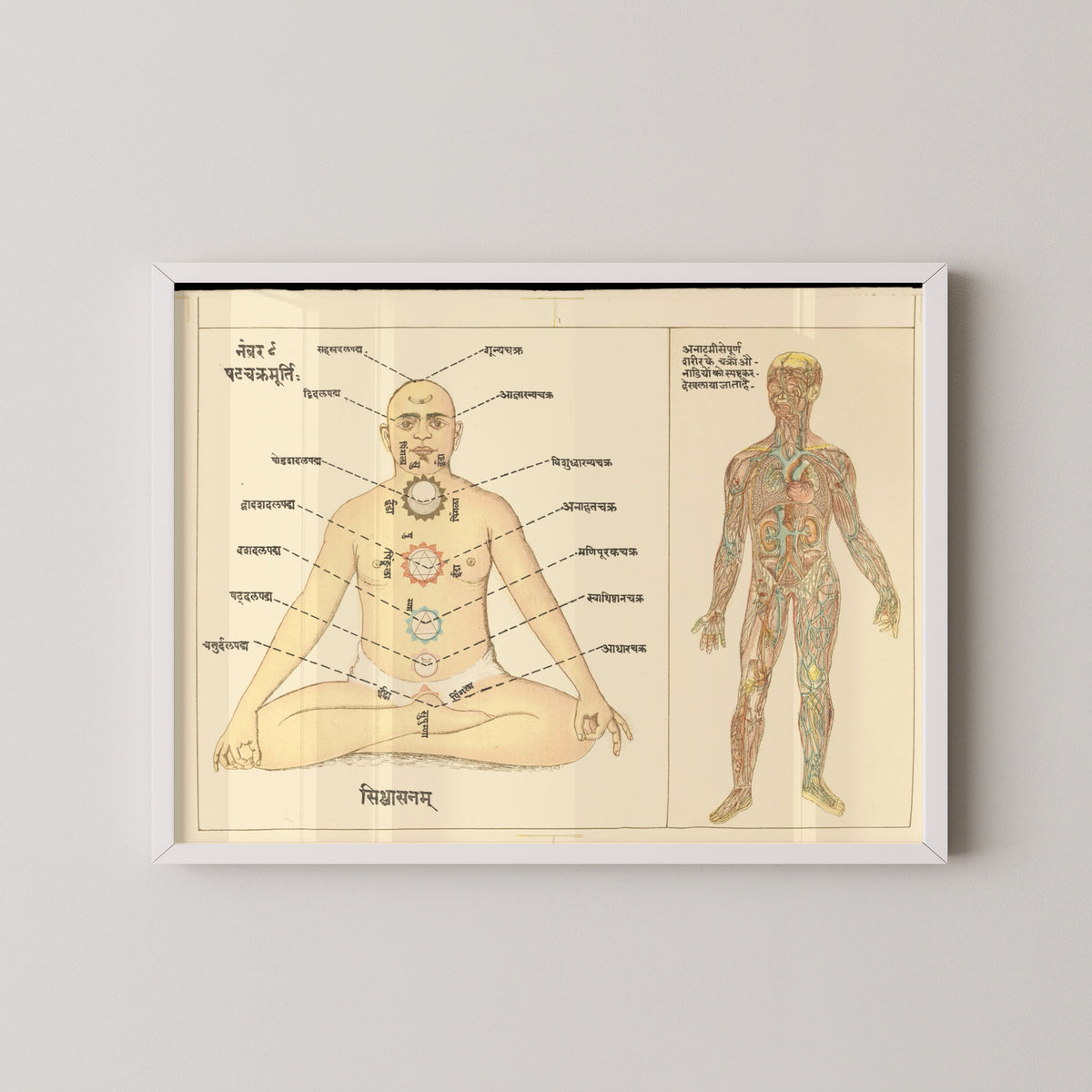 six chakras yoga poster – white frame mockup