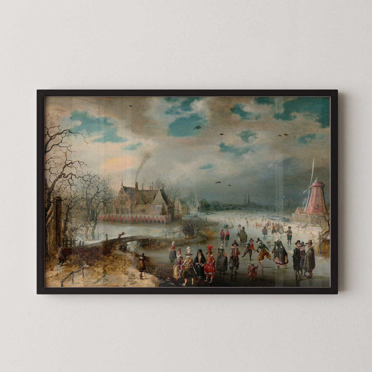 Skating on the Frozen Amstel River by Adam van Breen, Dutch winter landscape in a black frame