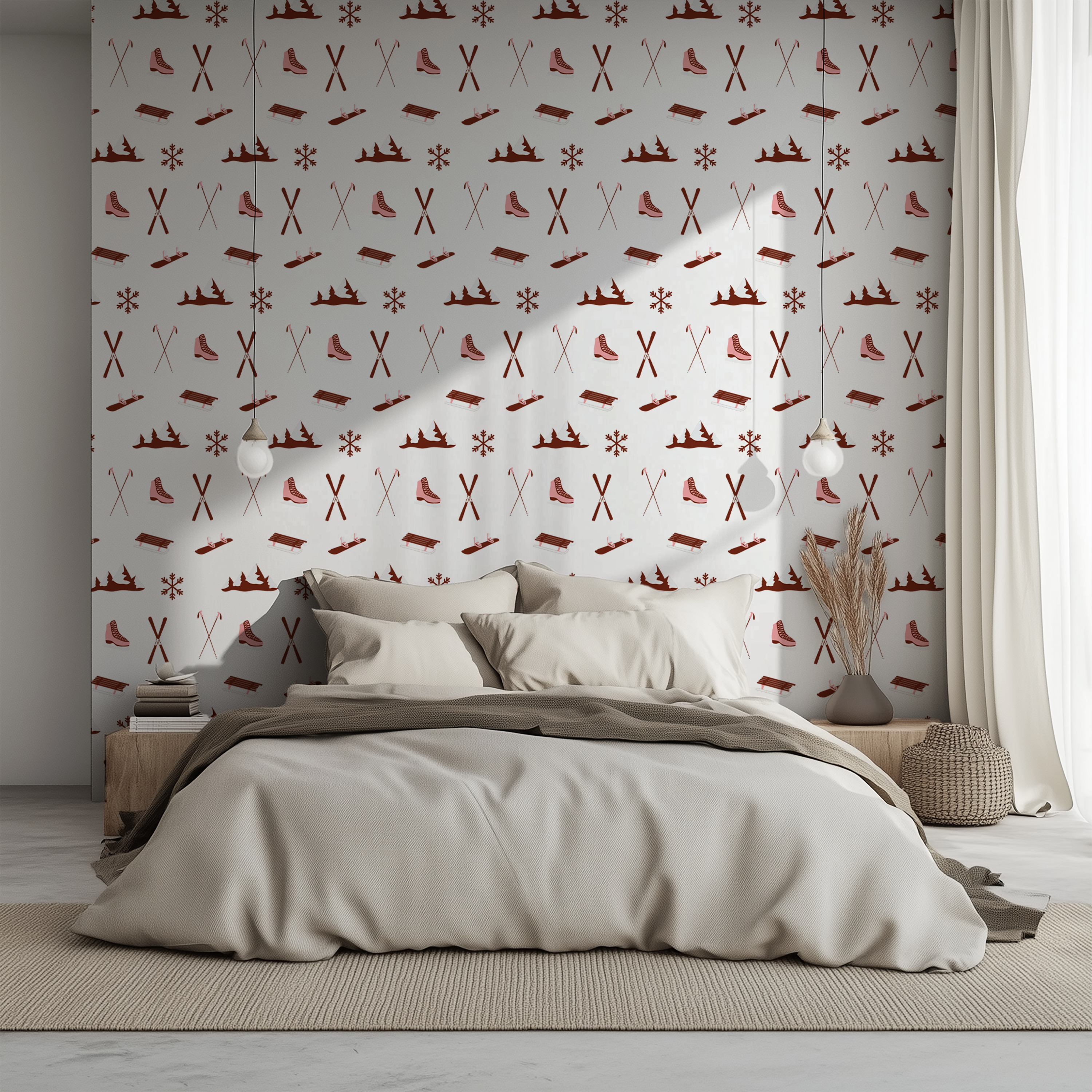 Ski wallpaper with vintage skis poles boots sleds and snowflakes