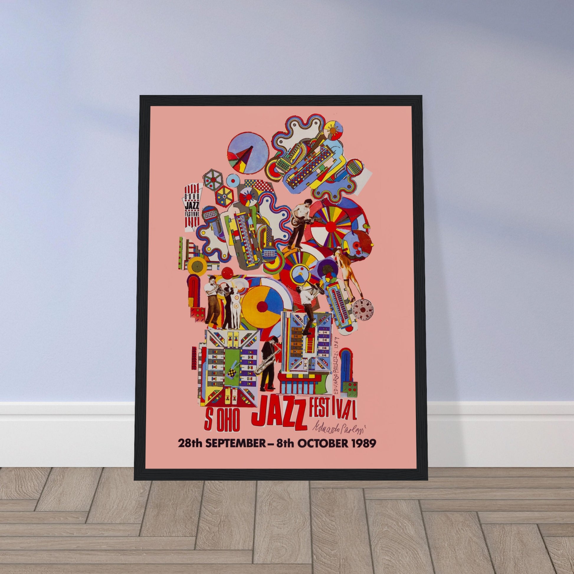 Original Soho Jazz Festival 1989 poster featuring bold colorful abstract artwork by Eduardo Paolozzi. Vintage London jazz festival wall art perfect for music lovers, art collectors, and retro interior decor.
