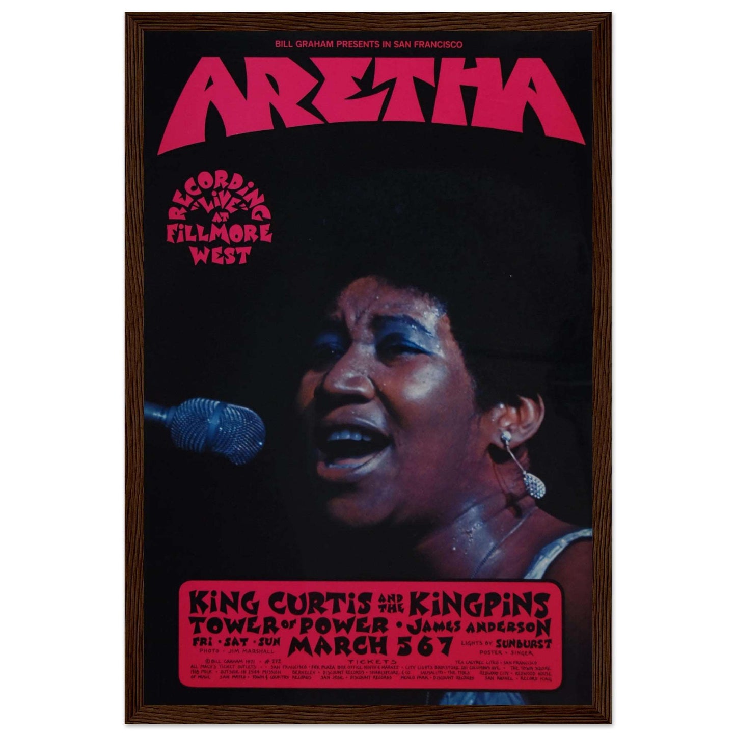 1970s soul music poster of Aretha Franklin live at Fillmore West, San Francisco — vintage concert artwork with pink retro lettering.
