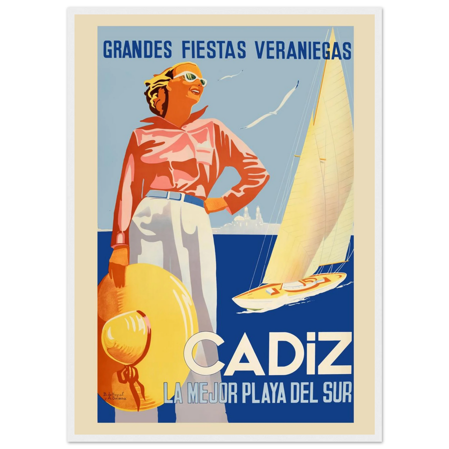 Spanish coastal wall decor print of Cádiz, a retro travel poster perfect for bohemian interiors, vacation homes, and world traveler walls.