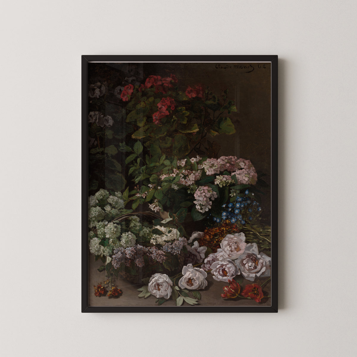 Spring Flowers by Claude Monet, art print in a black frame