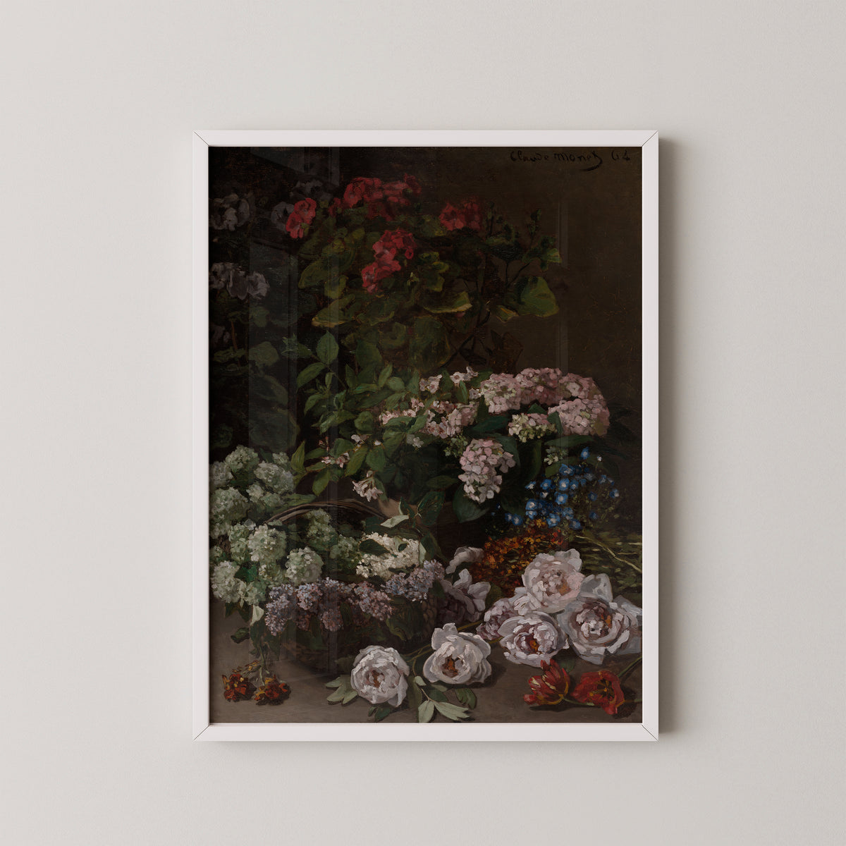 Spring Flowers by Claude Monet, art print in a white frame