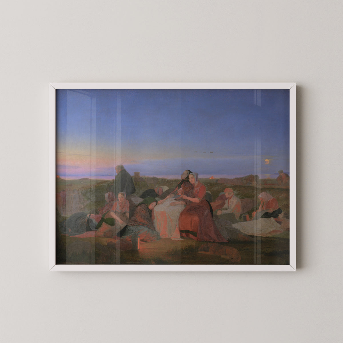 White-framed St. John's Night at Tisvilde print by Jørgen Sonne, showing a group of resting figures