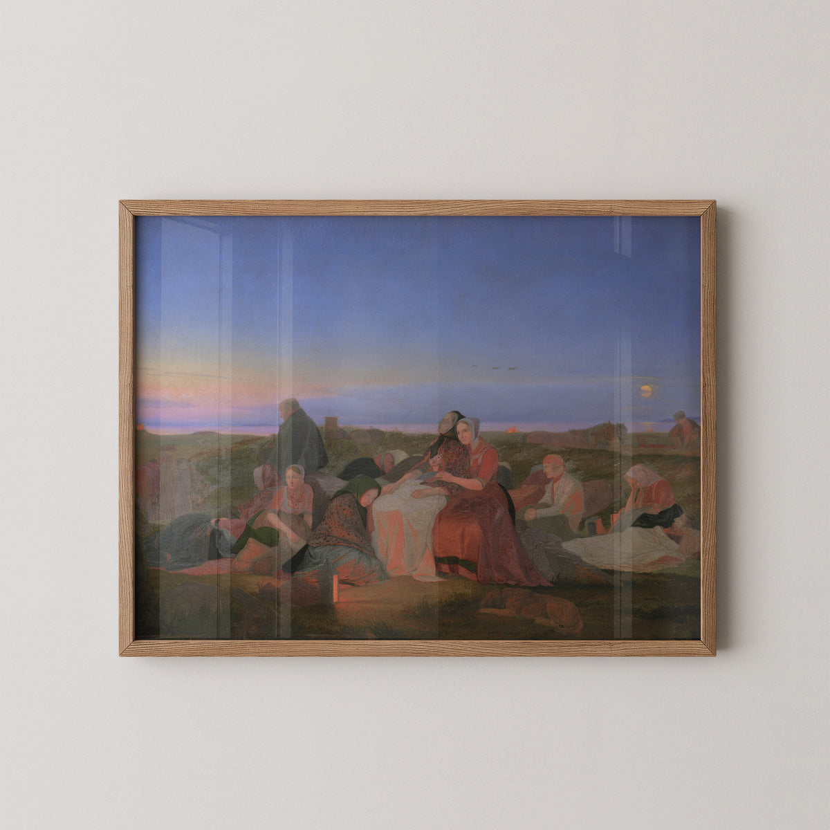 Natural wood-framed Jørgen Sonne print of pilgrims resting at St. Helen's grave near Tisvilde