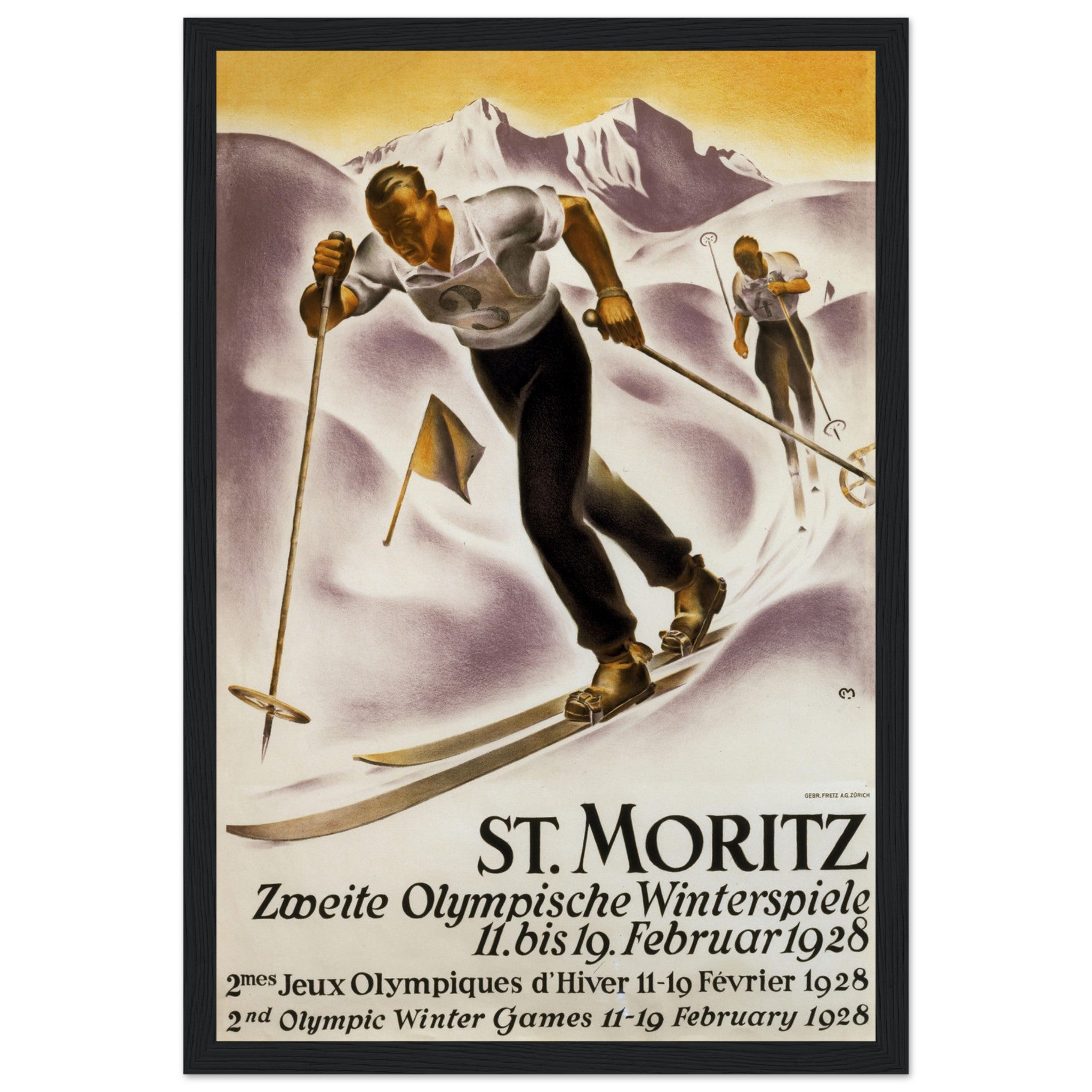 Celebrate the 1928 Winter Olympics with this vintage cross-country skiing poster featuring St. Moritz. A must-have for winter sports fans and collectors. Shop now!