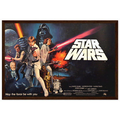 Classic Star Wars movie poster showcasing 1970s artwork and legendary characters from the original space saga.