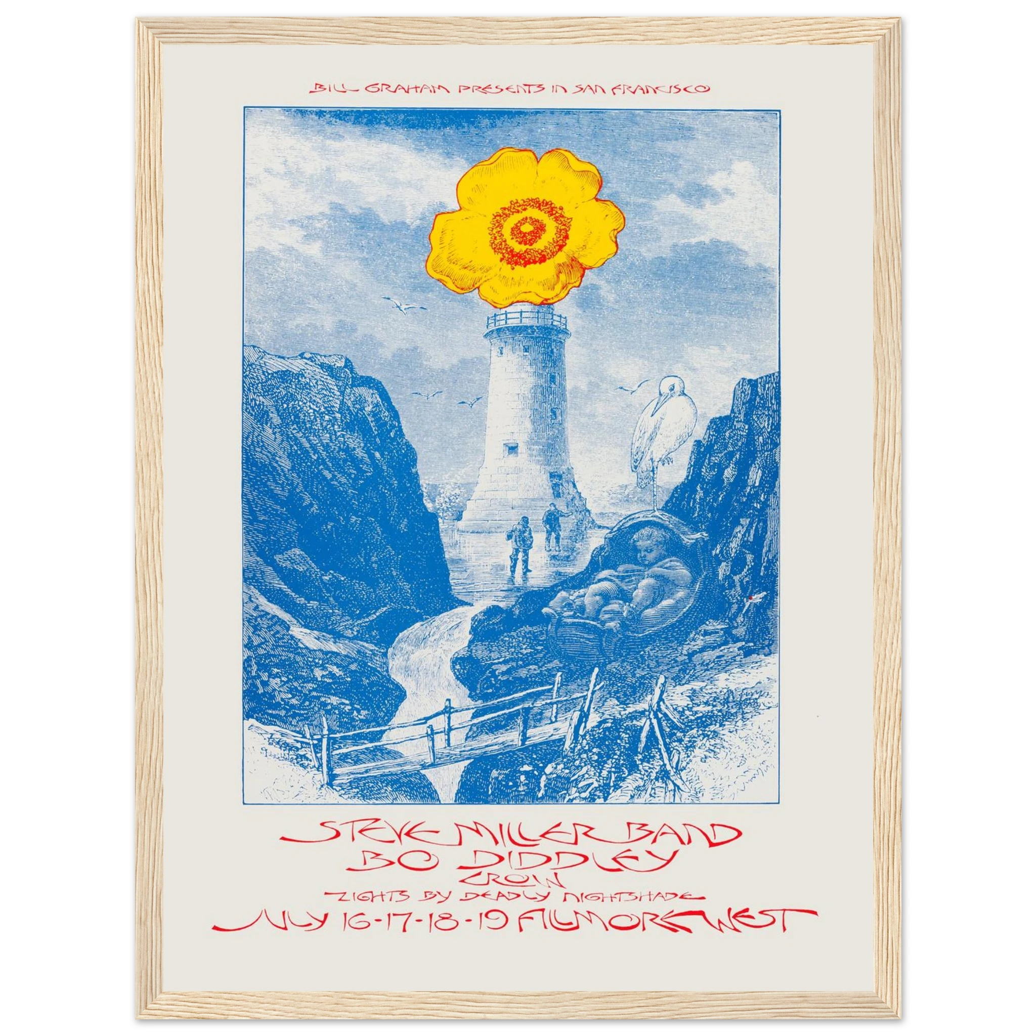 High-quality reproduction of the Steve Miller Band & Bo Diddley concert poster, showcasing vibrant graphic art and rock-era symbolism.