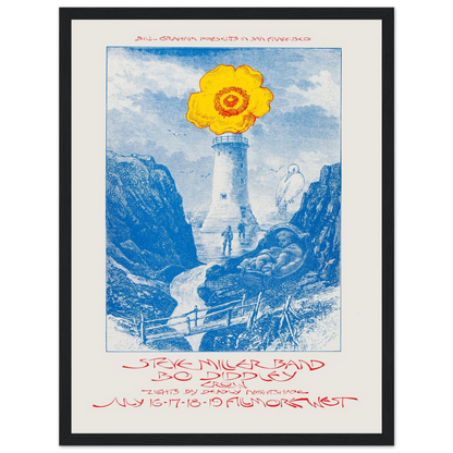 Own a striking piece of rock history with this vintage concert poster featuring the Steve Miller Band and Bo Diddley. Originally designed for a special event, this poster stands out with its surreal imagery—a nuclear power plant topped with a single flower, blending themes of energy, peace, and counterculture. The bold graphic style and psychedelic undertones reflect the spirit of the era, making it more than just memorabilia—it's a statement piece. Printed on high-quality stock and ideal for framing, this 