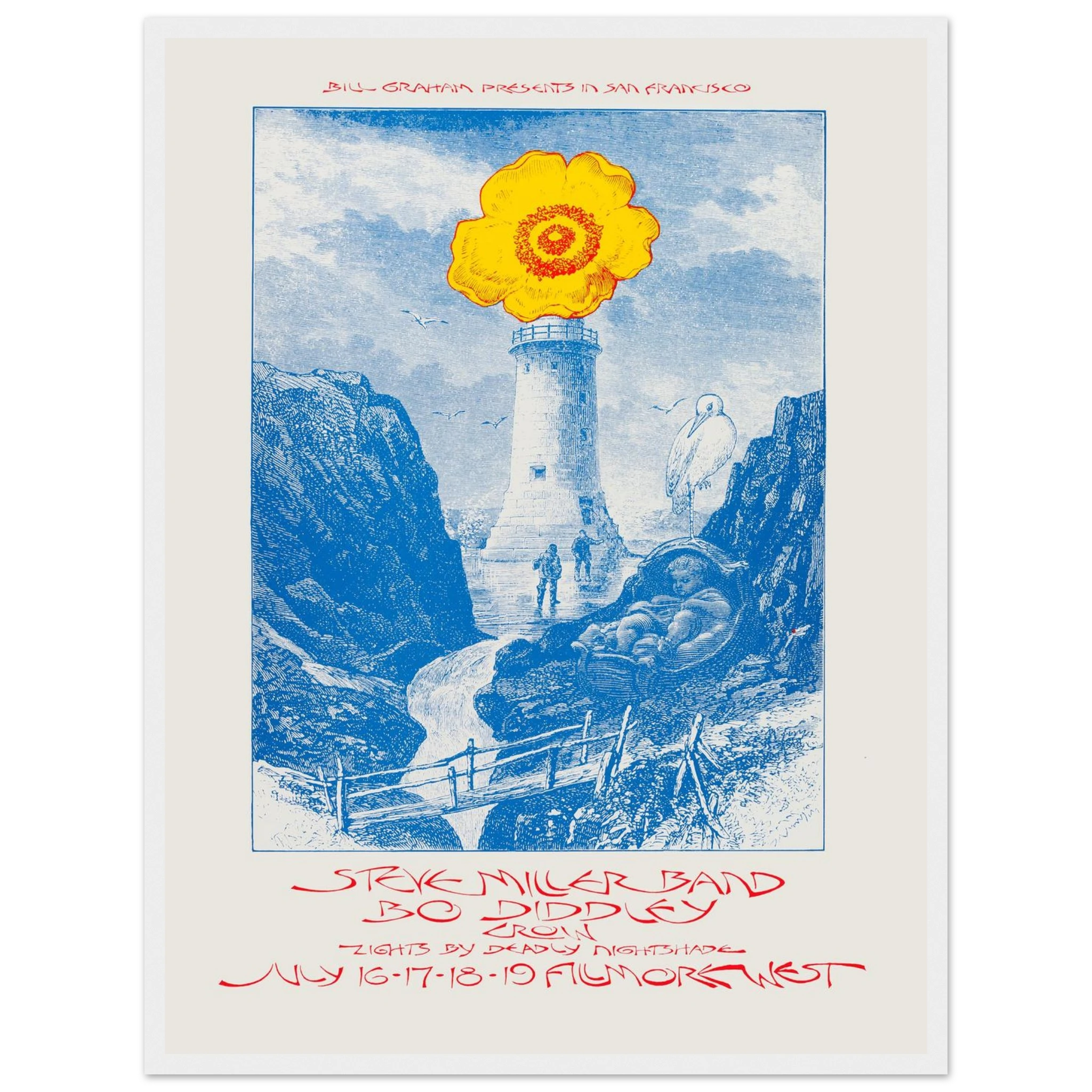 Music art print of the Steve Miller Band & Bo Diddley show poster, a striking fusion of psychedelic rock visuals and vintage concert style.
