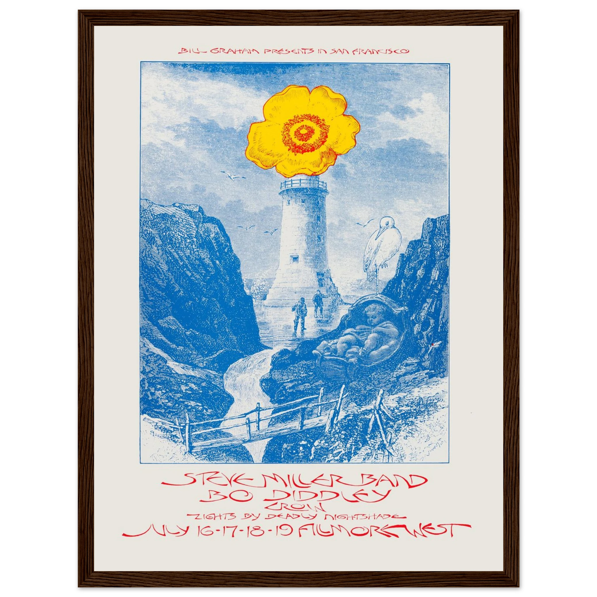 Psychedelic wall art print of the Steve Miller Band and Bo Diddley concert poster, blending peace, energy, and 70s rock design aesthetics.