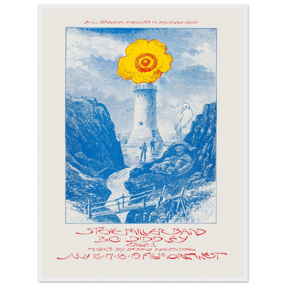 Vintage rock poster for the Steve Miller Band and Bo Diddley, featuring bold color contrasts and surreal nuclear flower imagery.