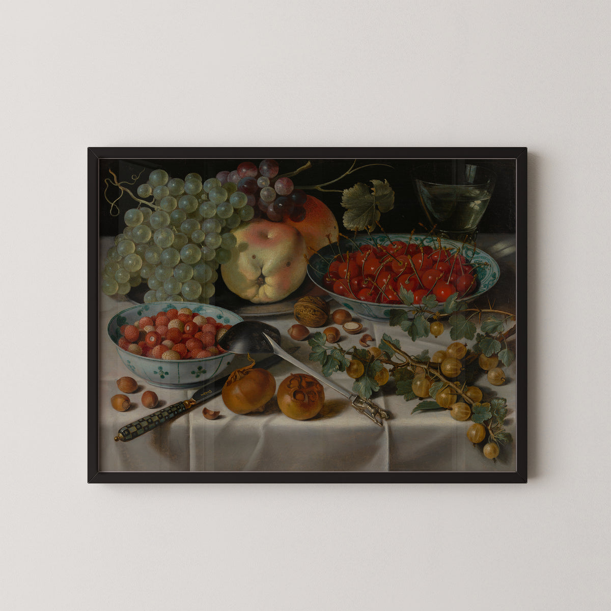 Still Life with Assorted Fruit by Pieter Claesz., art print in a black frame