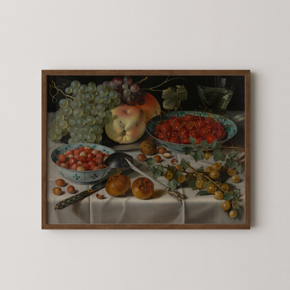 Still Life with Assorted Fruit by Pieter Claesz., art print in a dark wood frame