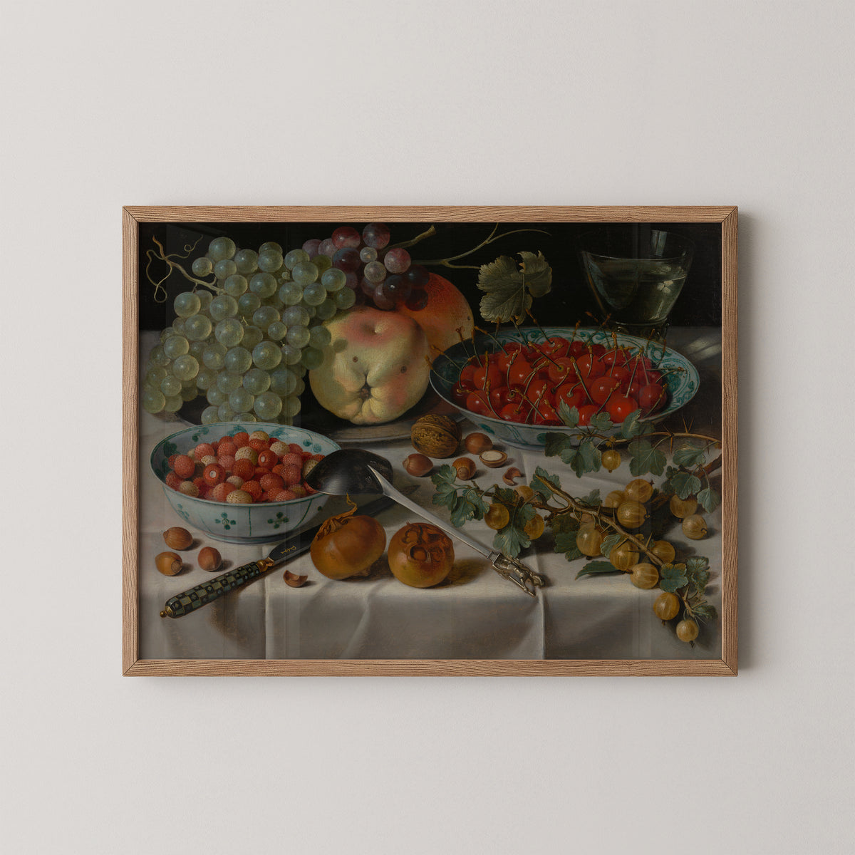 Still Life with Assorted Fruit by Pieter Claesz., art print in a natural wood frame