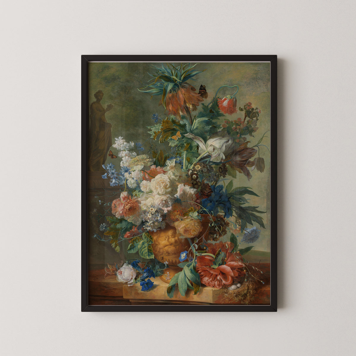 Still Life with Flowers by Jan van Huysum, art print in a black frame