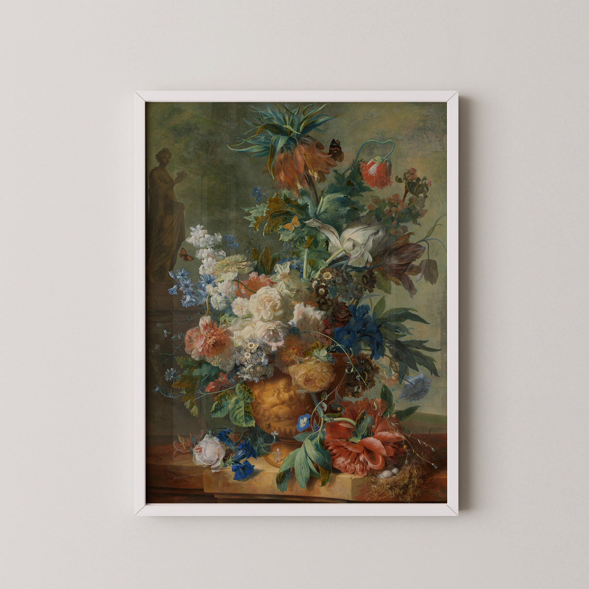 Still Life with Flowers by Jan van Huysum, art print in a white frame