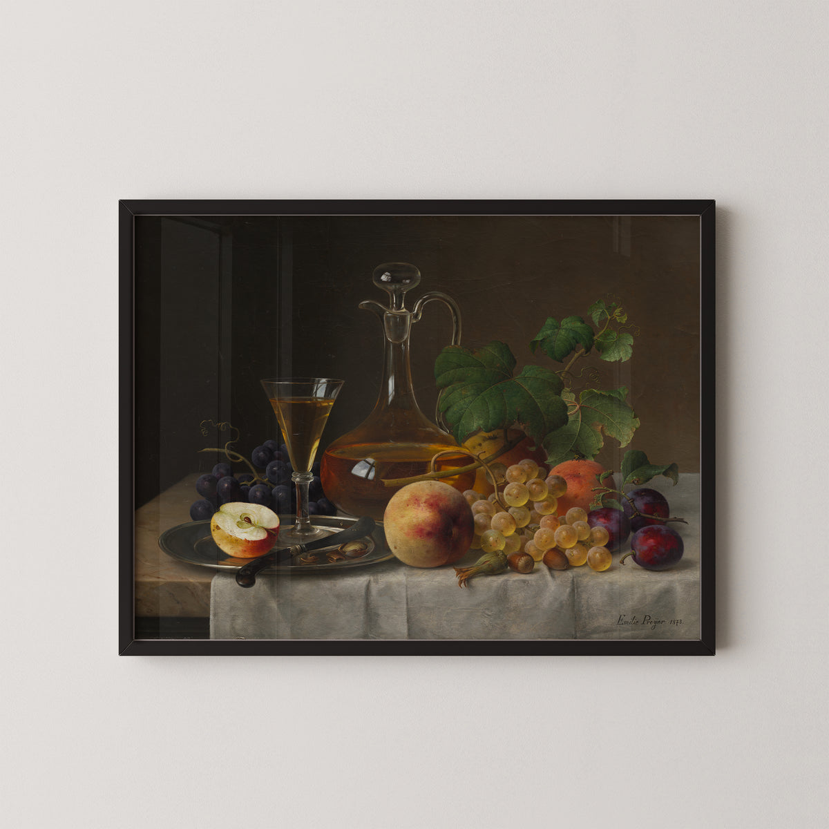 Still Life with Fruit by Emilie Preyer, art print in a black frame