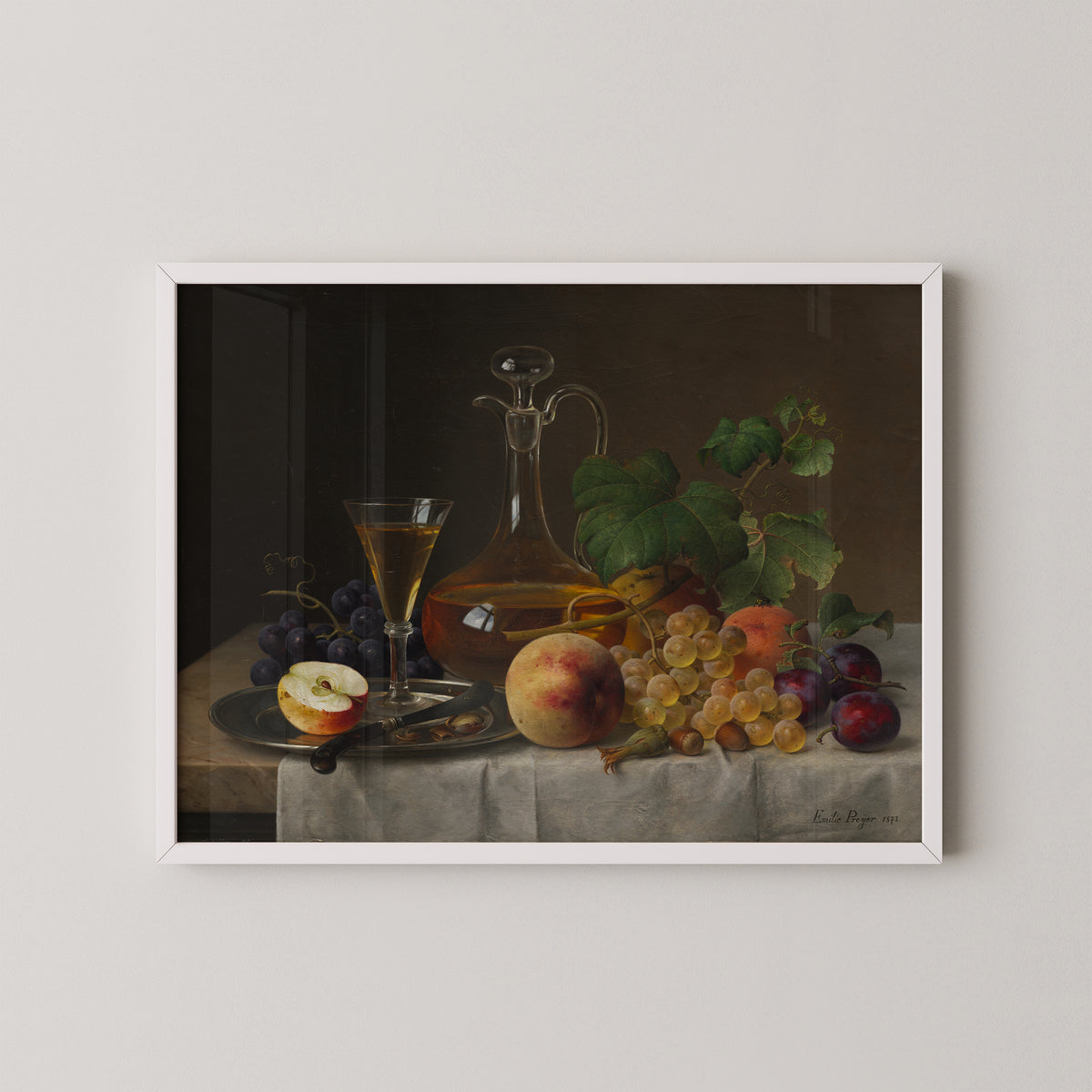 Still Life with Fruit by Emilie Preyer, art print in a white frame