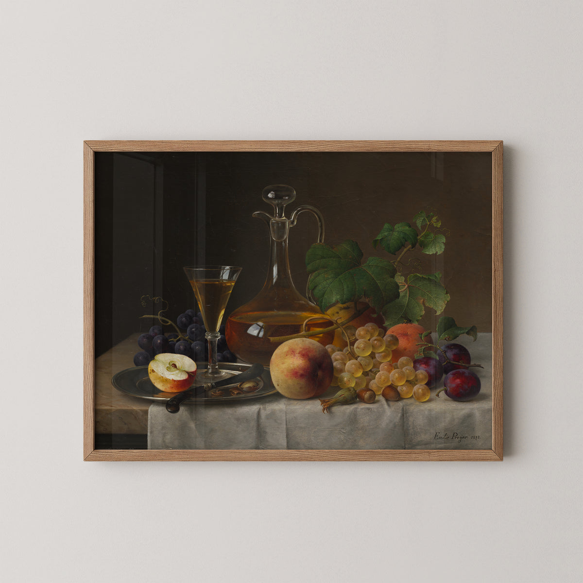 Still Life with Fruit by Emilie Preyer, art print in a natural wood frame