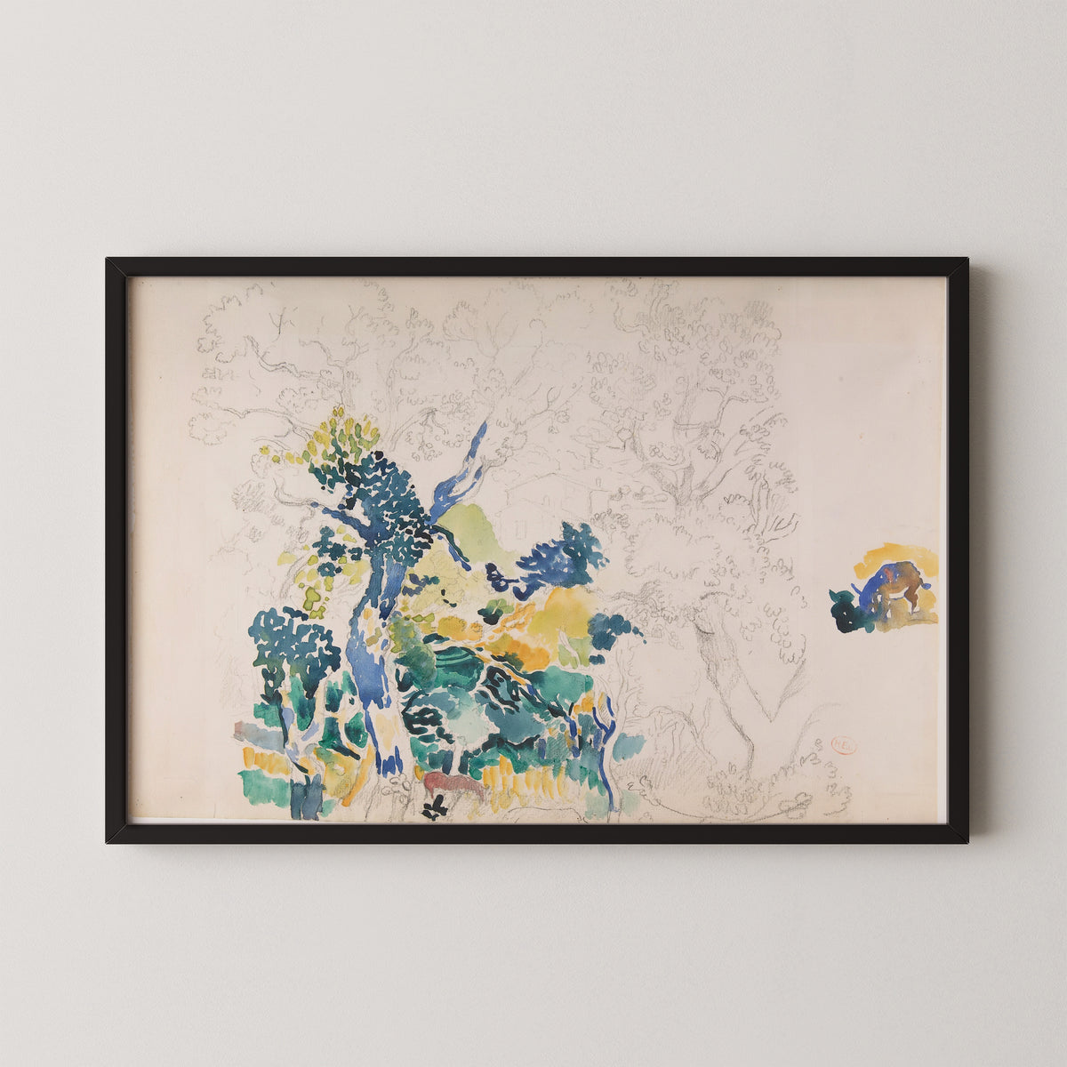 Study for Underneath the Cork Oaks by Henri-Edmond Cross, art print in a black frame