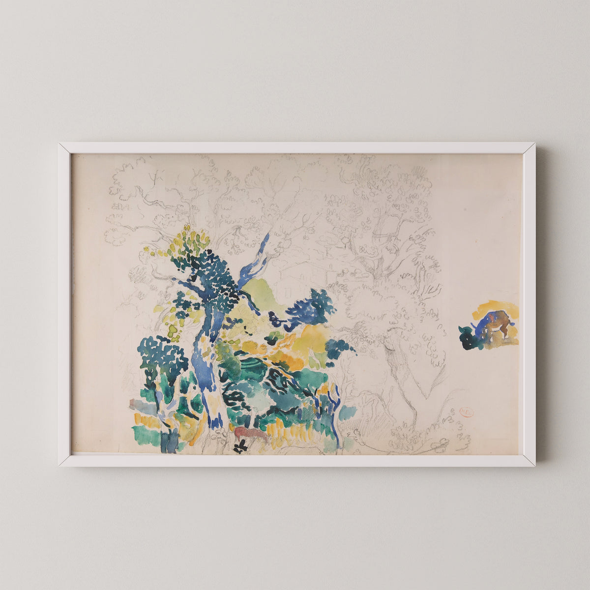 Study for Underneath the Cork Oaks by Henri-Edmond Cross, art print in a white frame