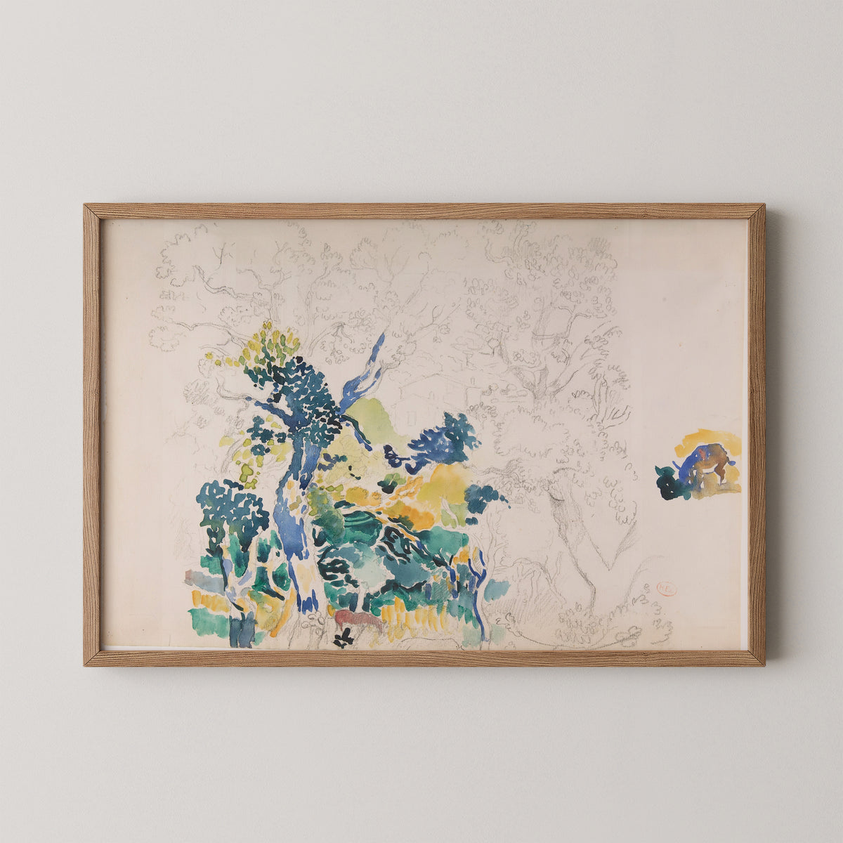 Study for Underneath the Cork Oaks by Henri-Edmond Cross, art print in a natural wood frame