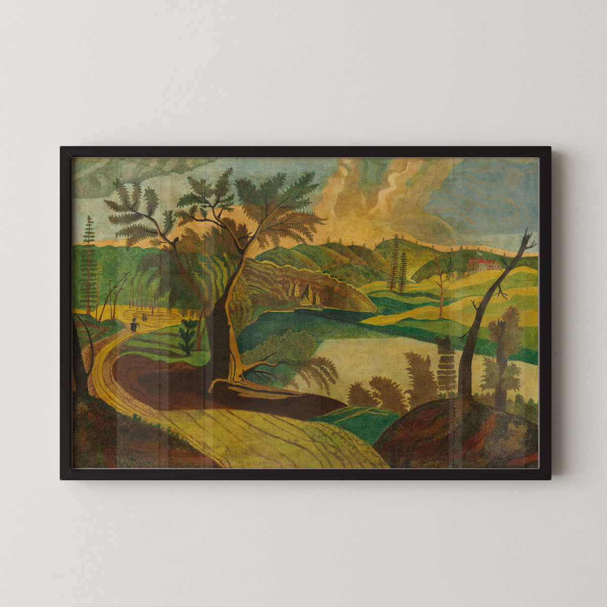 Stylized Landscape by an unidentified American artist, green countryside art print in a black frame