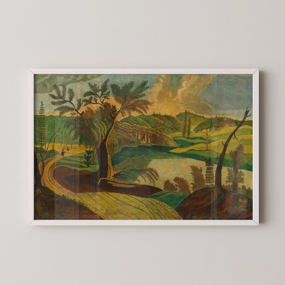 White-framed Stylized Landscape art print, with simplified hills and contrasting green and yellow ground