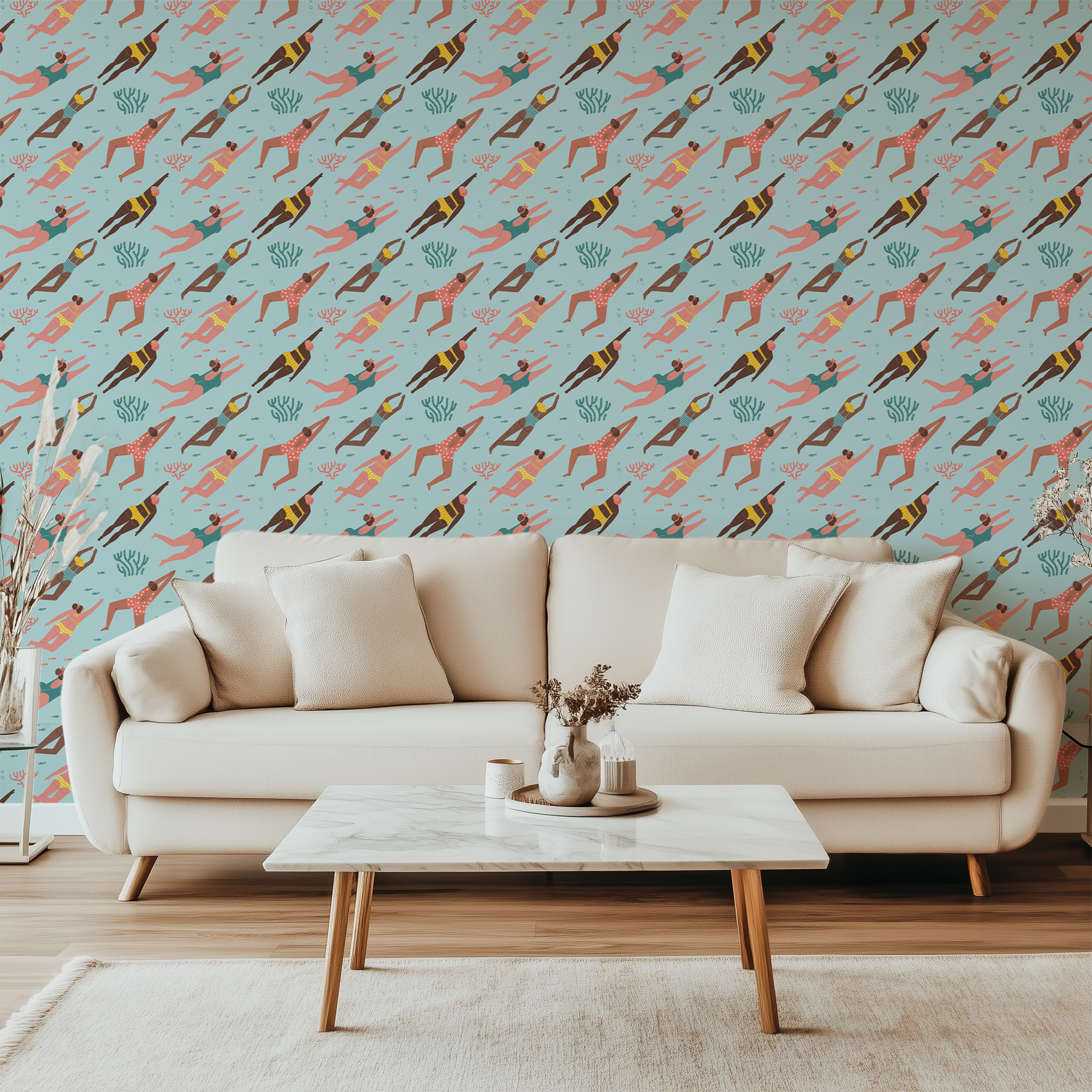 Summer swimmers wallpaper with colourful illustrated swimmers on an aqua blue background
