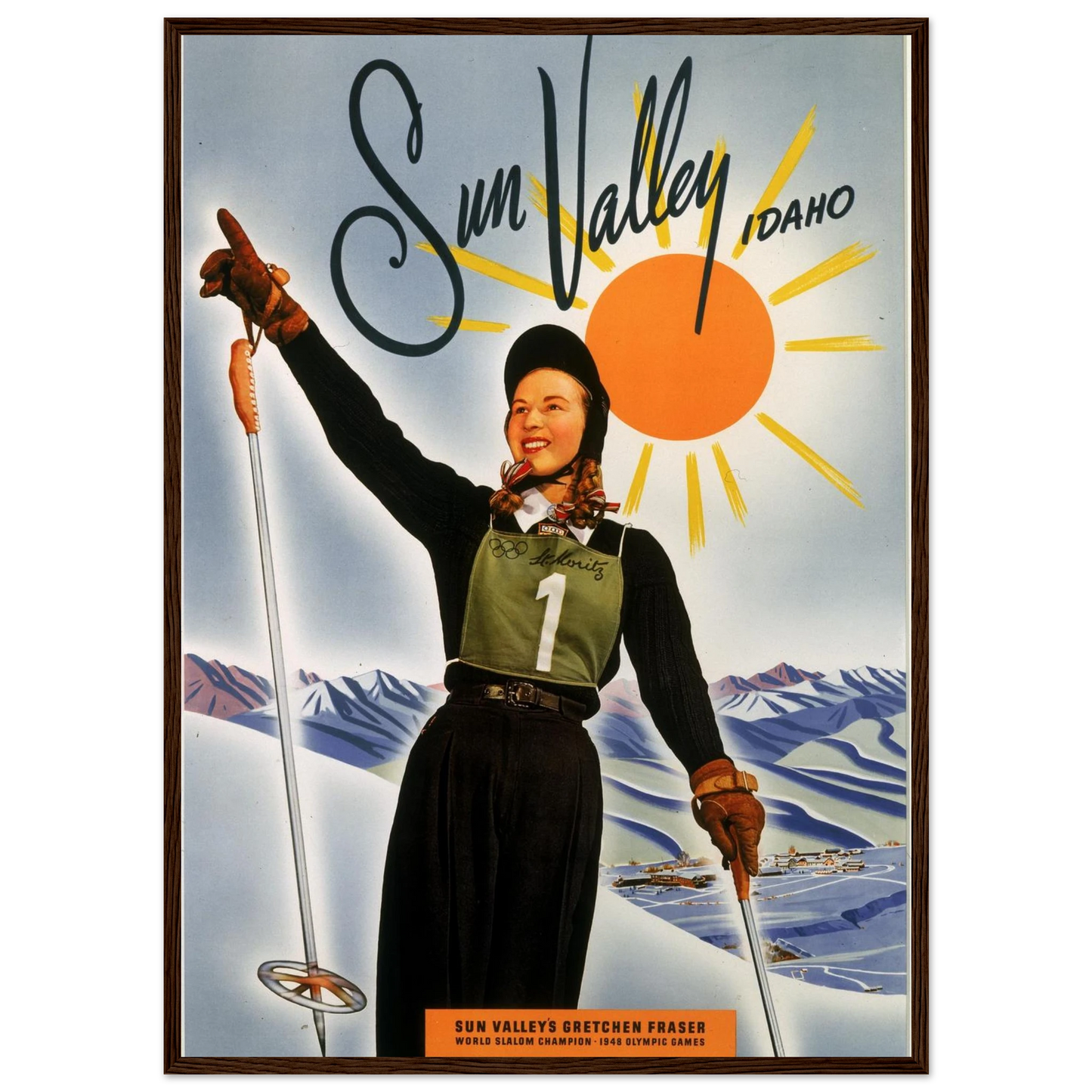 Retro winter art print of Sun Valley, Idaho, celebrating alpine adventure and mid-century American ski heritage.