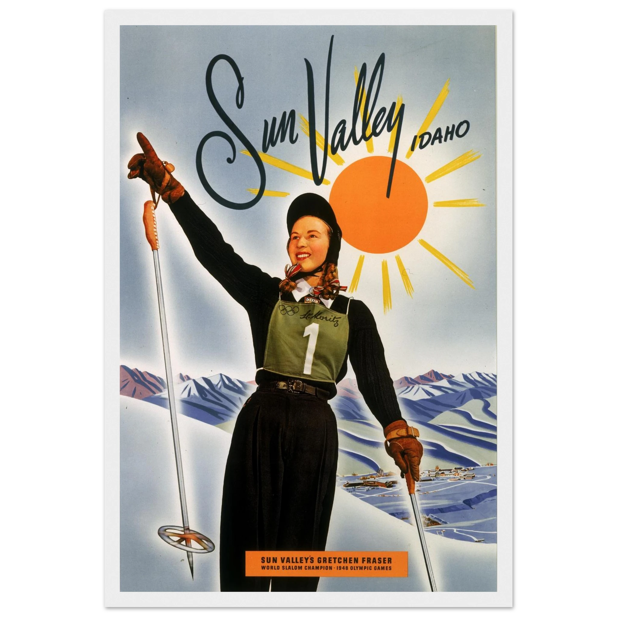 Vintage ski poster of Sun Valley, Idaho, capturing classic mountain landscapes and the golden age of American winter sports.