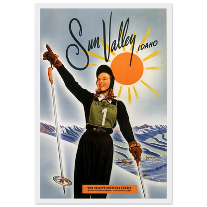Vintage ski poster of Sun Valley, Idaho, capturing classic mountain landscapes and the golden age of American winter sports.