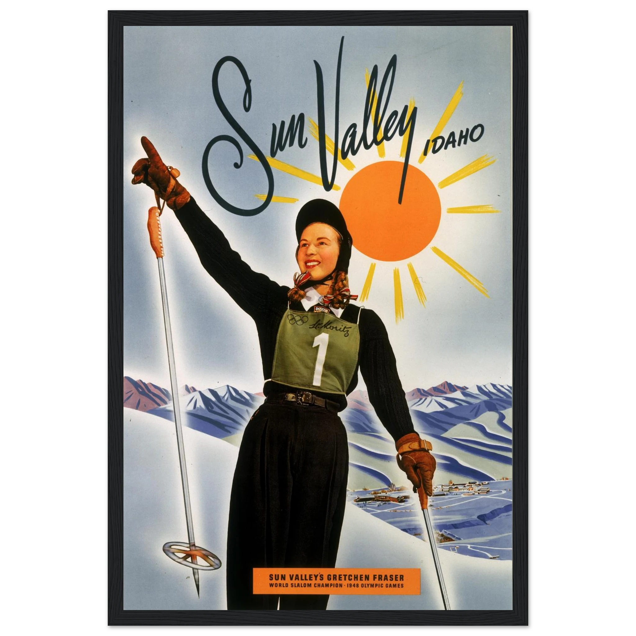 Celebrate the timeless charm of Sun Valley, Idaho, with this stunning retro ski poster—a perfect tribute to one of America's first and most iconic ski resorts. Featuring classic mid-century design and snowy alpine landscapes, this print evokes the golden age of skiing and vintage travel. Whether you're decorating a ski cabin, mountain lodge, or rustic living space, this poster is ideal for winter sports enthusiasts, vintage travel art collectors, and fans of American alpine history. Channel the magic of fre