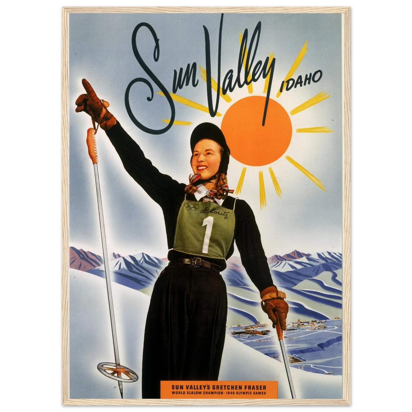 Retro ski poster of Sun Valley, Idaho, featuring mid-century design and vintage alpine scenery that celebrates America’s first iconic ski resort.