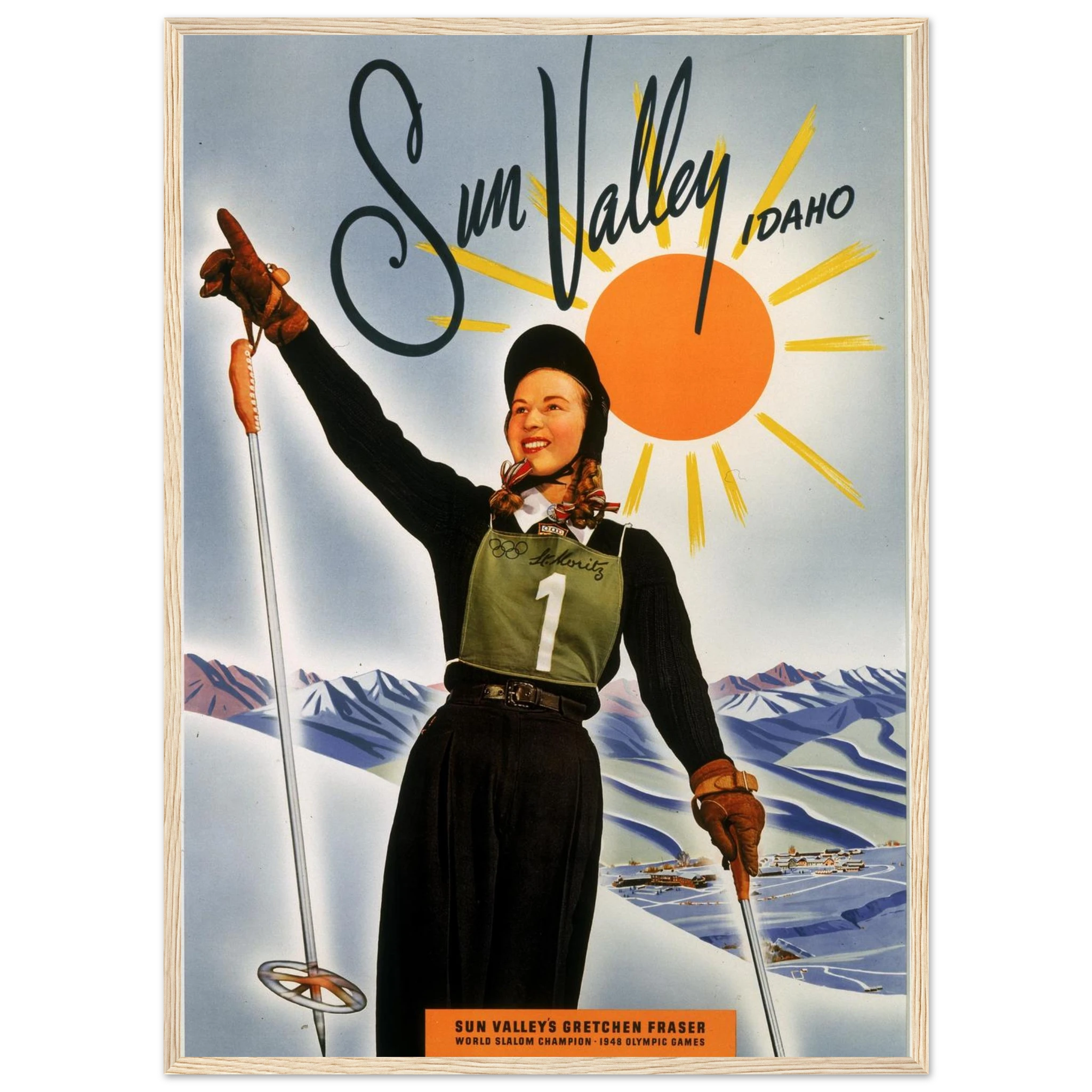 Retro ski poster of Sun Valley, Idaho, featuring mid-century design and vintage alpine scenery that celebrates America’s first iconic ski resort.