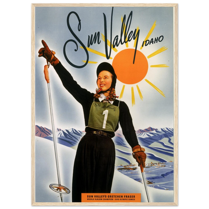 Retro ski poster of Sun Valley, Idaho, featuring mid-century design and vintage alpine scenery that celebrates America’s first iconic ski resort.