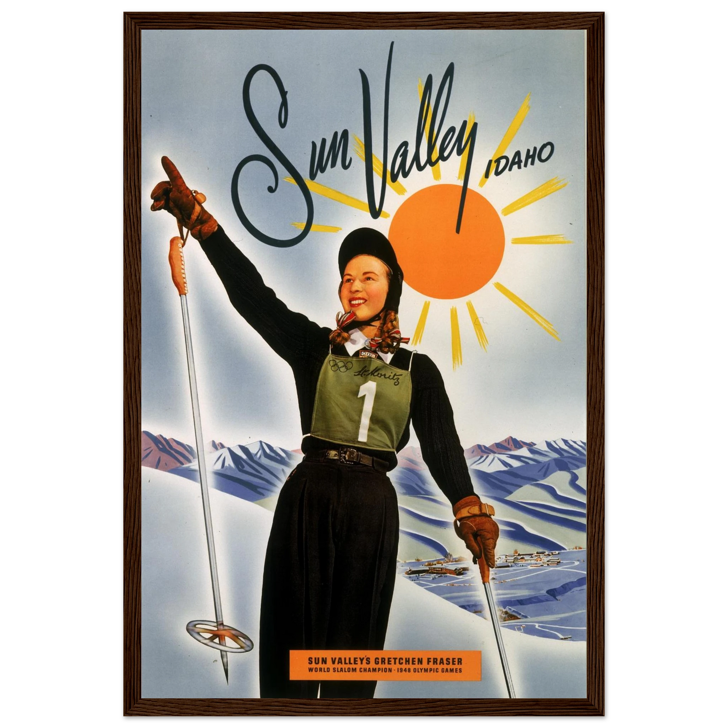Wall art print of Sun Valley ski resort, showcasing retro travel design, snowy peaks, and timeless ski culture charm.