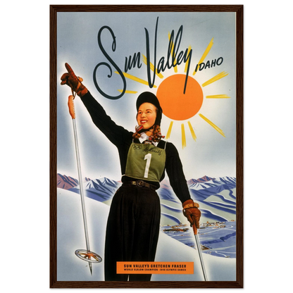 Wall art print of Sun Valley ski resort, showcasing retro travel design, snowy peaks, and timeless ski culture charm.
