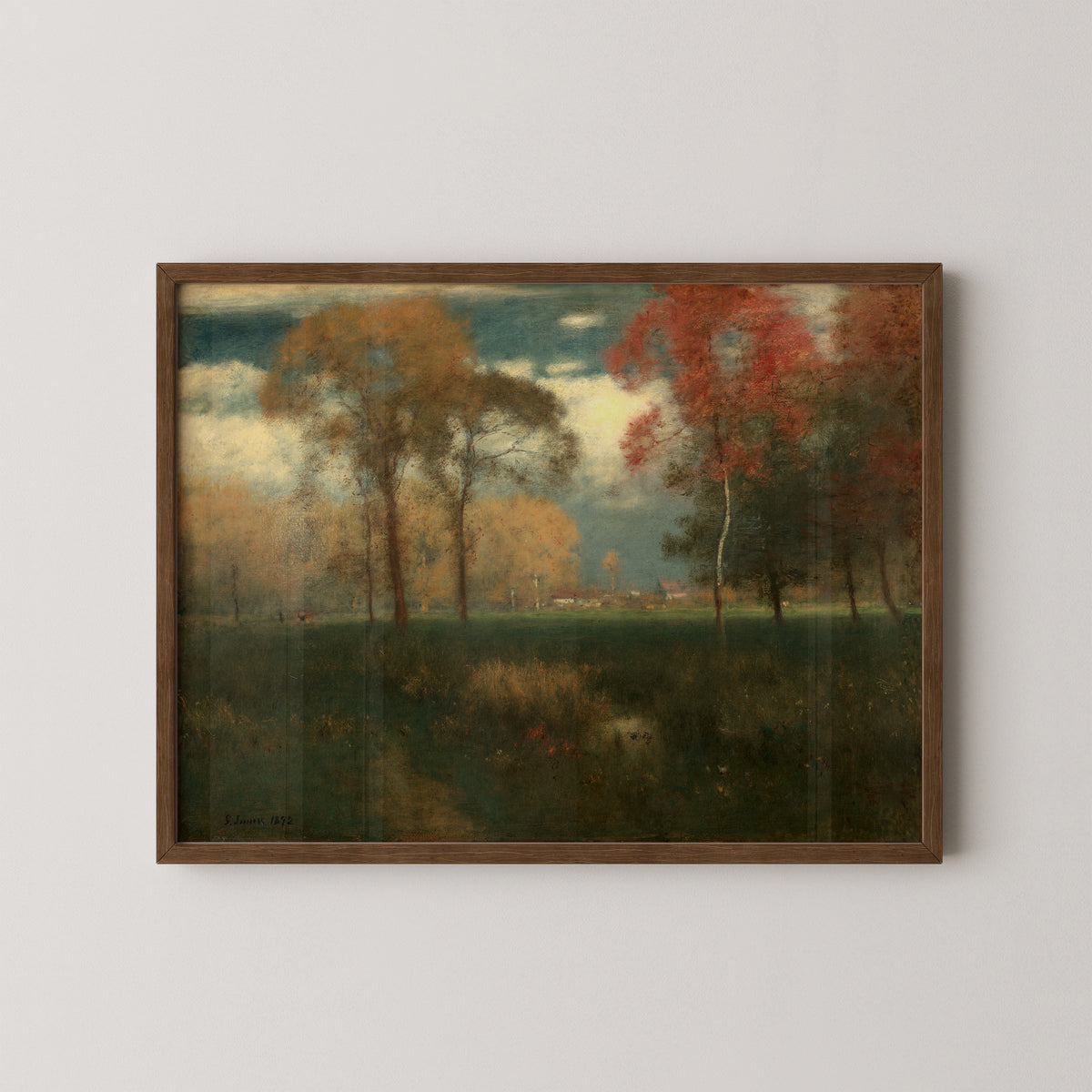 Sunny Autumn Day by George Inness, art print in a dark wood frame