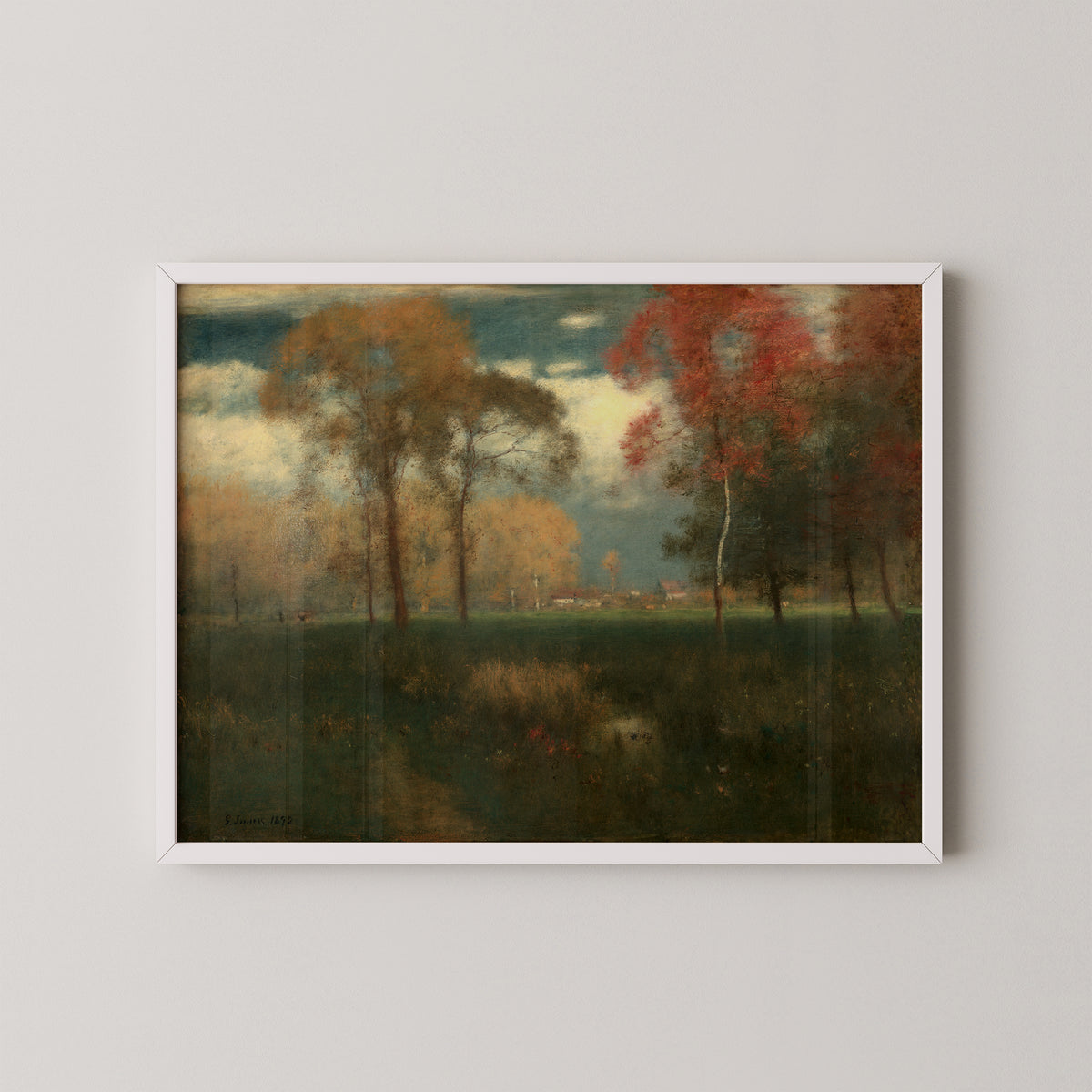 Sunny Autumn Day by George Inness, art print in a white frame