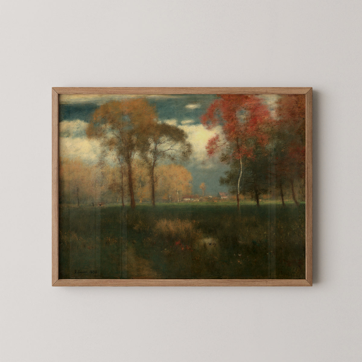 Sunny Autumn Day by George Inness, art print in a natural wood frame