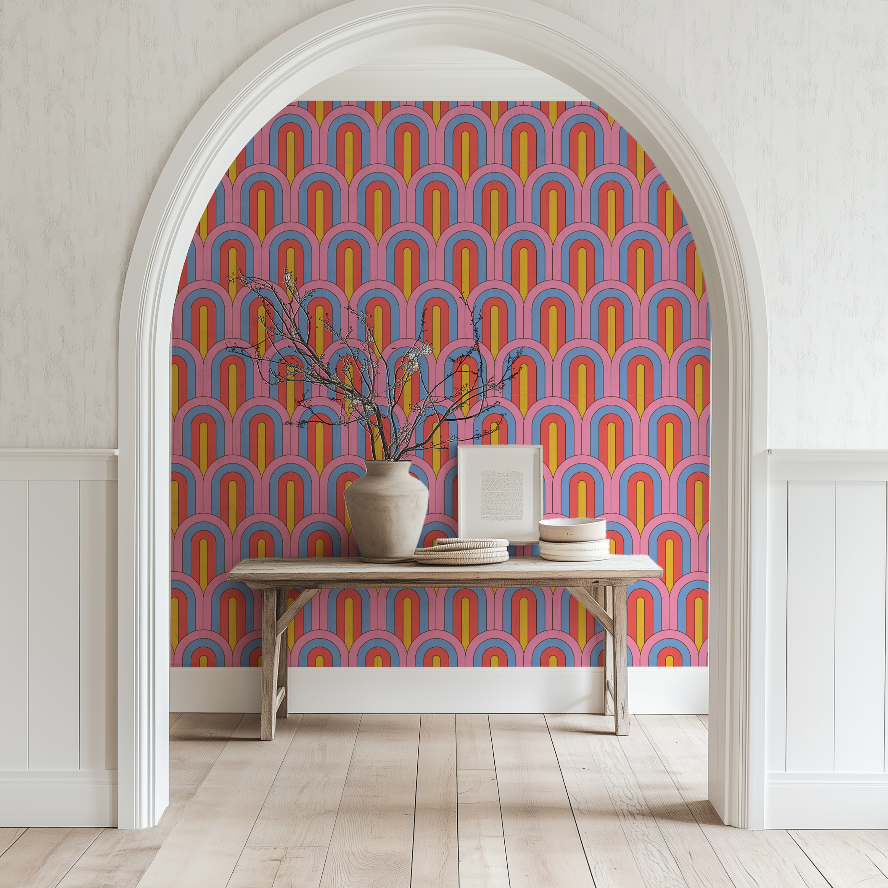 Sunset Deco Arch Wallpaper featuring colorful Art Deco geometric arches in a retro Mid-Century Modern pattern.