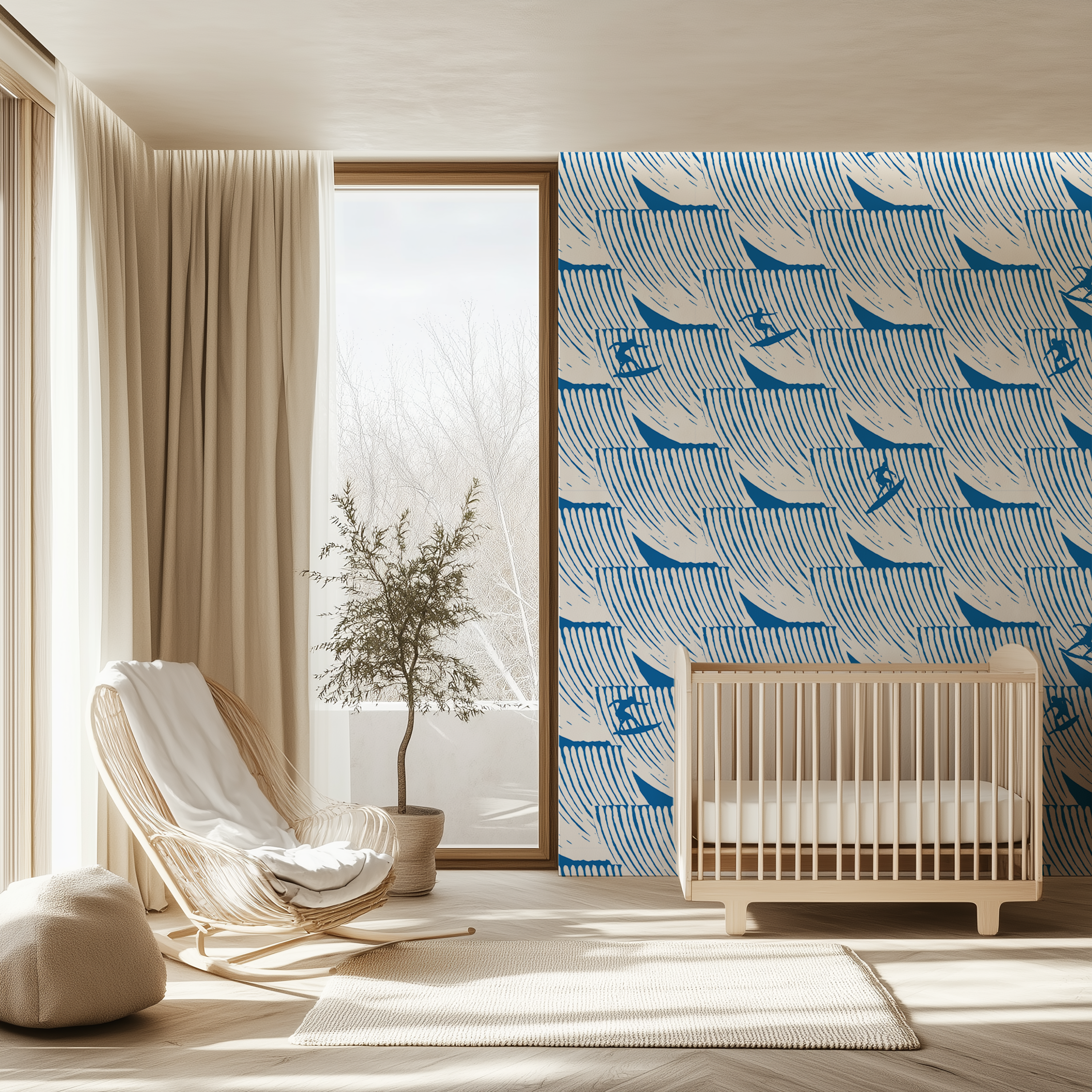 Surfing wave wallpaper with blue illustrated waves and small surfers