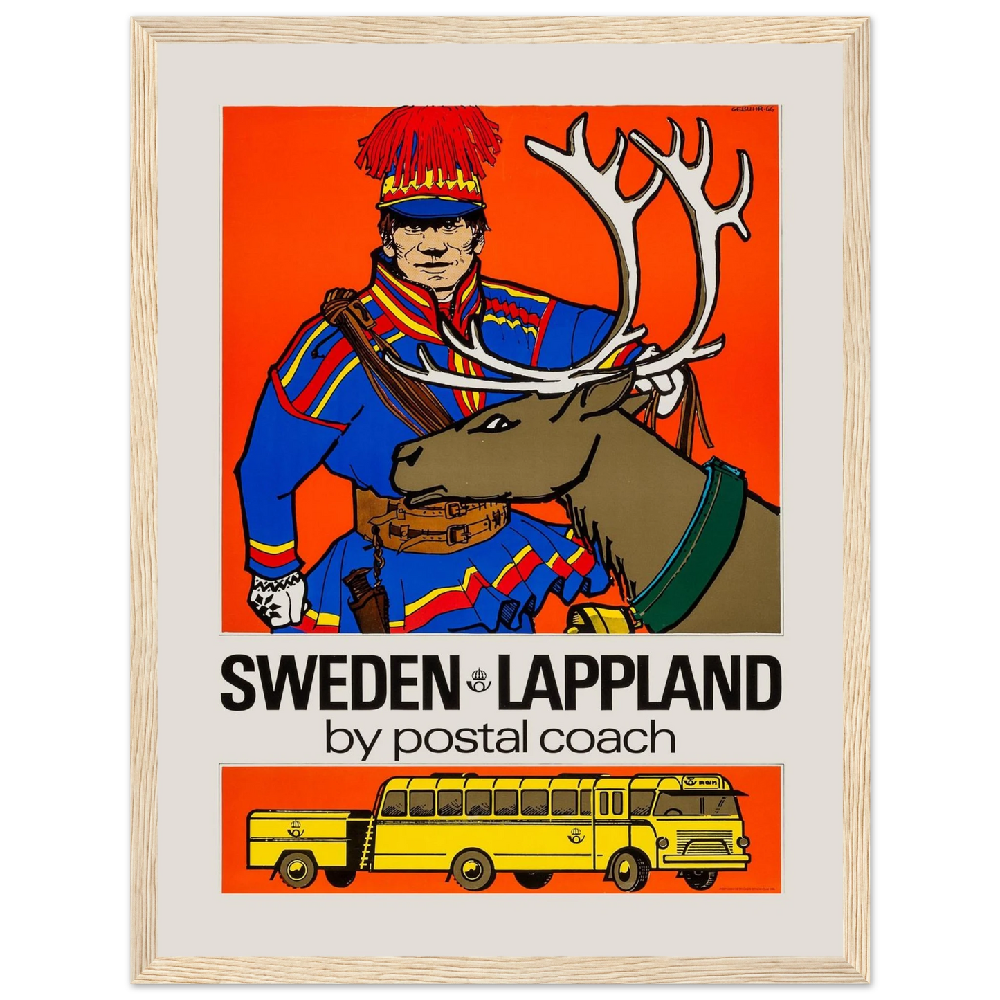 Vintage Sweden Lapland postal poster featuring a postman on skis and an elk in snowy wilderness, celebrating early Nordic communication routes.