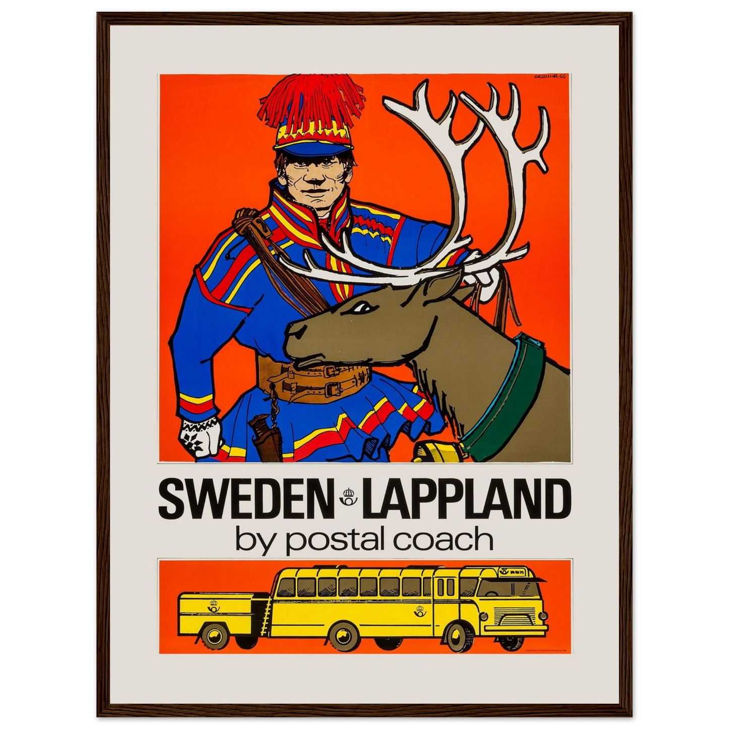Vintage winter art print from Swedish Lapland, blending wildlife, postal heritage, and traditional Scandinavian artistry.