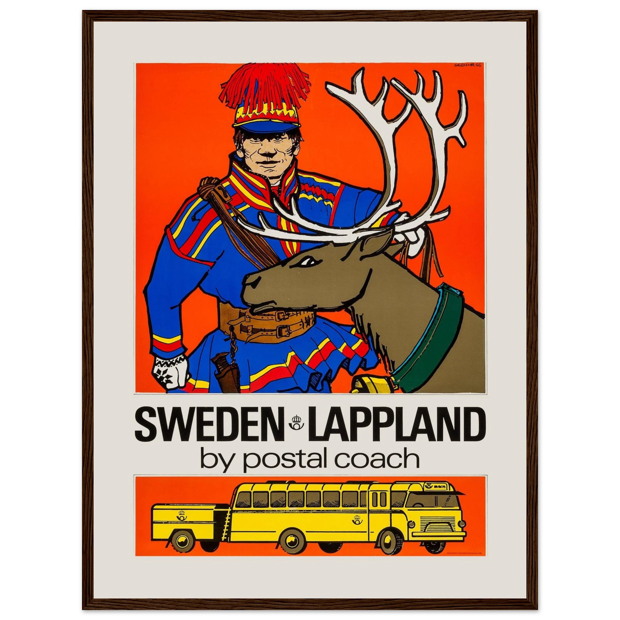 Vintage winter art print from Swedish Lapland, blending wildlife, postal heritage, and traditional Scandinavian artistry.