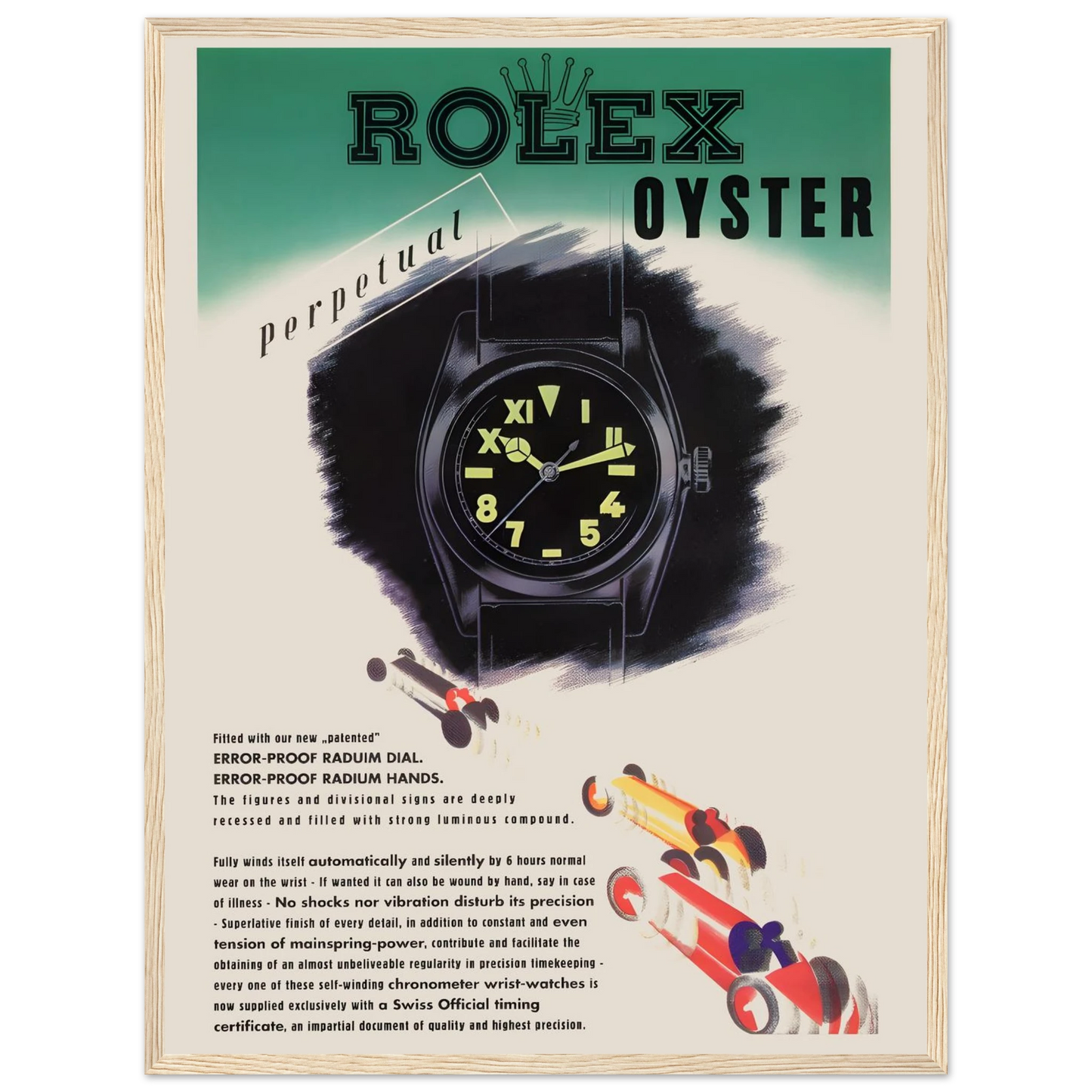 Swiss watchmaking art print of the Rolex Oyster Perpetual, ideal for collectors and enthusiasts of fine horological craftsmanship.